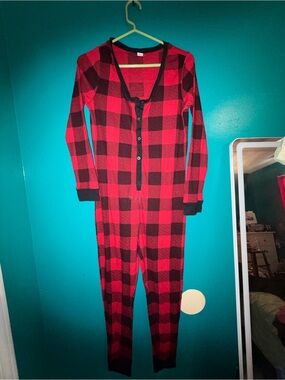 Red and Black Plaid women One-Piece Pajama onesie medium